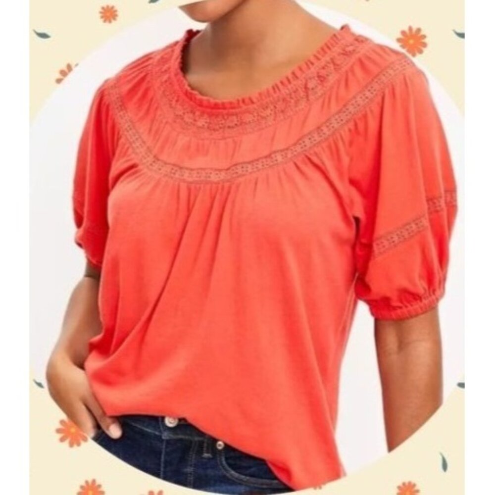 LOFT Women's  Petite Lace Trim Peasant Top100% Cotton Size Large